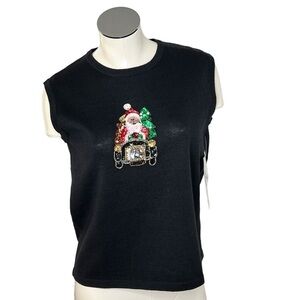 NWT TERAZZO Black Sleeveless Knit Sequins Santa Sweater Vest Women's Size S